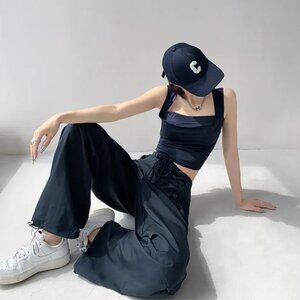 YesStyle Shira - Tie-Waist Drawstring Jogger Pants in Navy Blue Size Small S